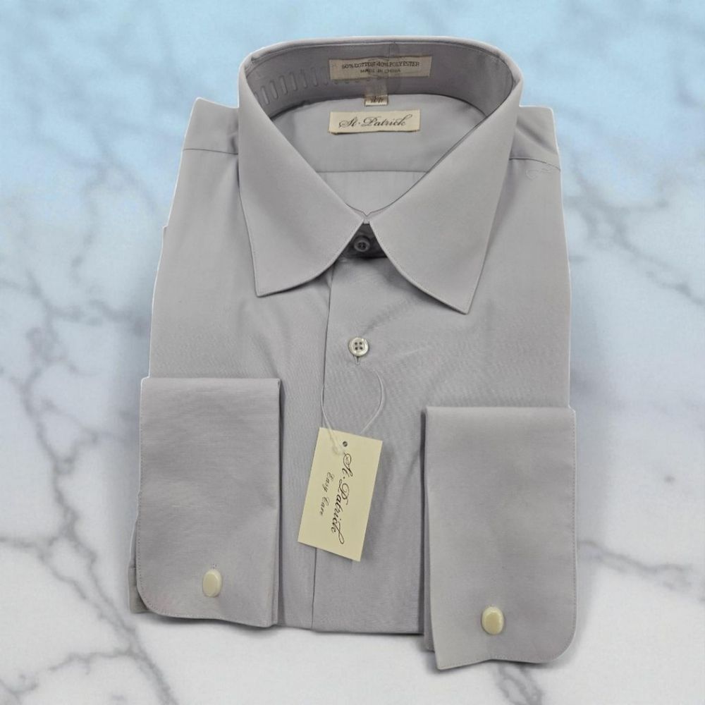 ST. PATRICK MENS SILVER EASY/CARE FRENCH CUFF CURVED COLLAR DRESS SHIRT. C205
